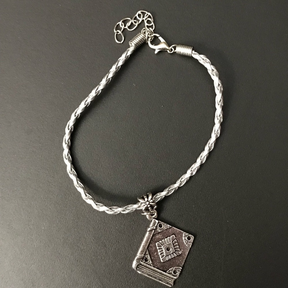 Silver Braided Leather Book Charm Bracelet